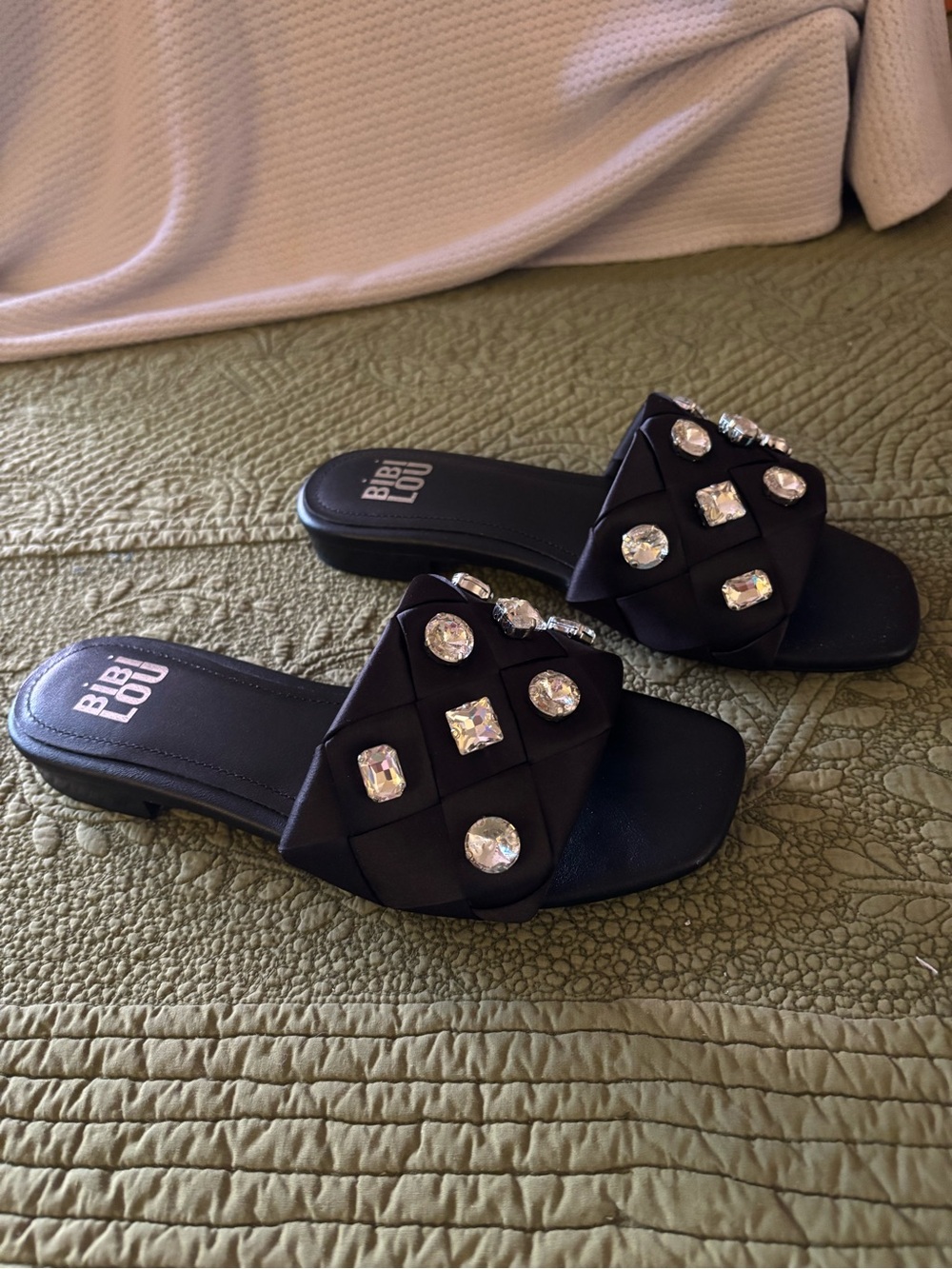 Bibi Lou Black Jeweled Slide Sandals
